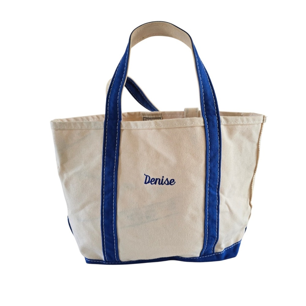 Vintage LL Bean Boat Tote Bag Blue Canvas Made USA Monogram Denise Distress Medi